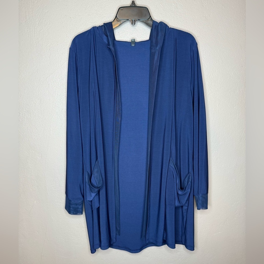 By JJ Navy Blue Duster Hooded Cardigan Size Large Flowy Pockets Long Sleeves - Picture 2 of 15
